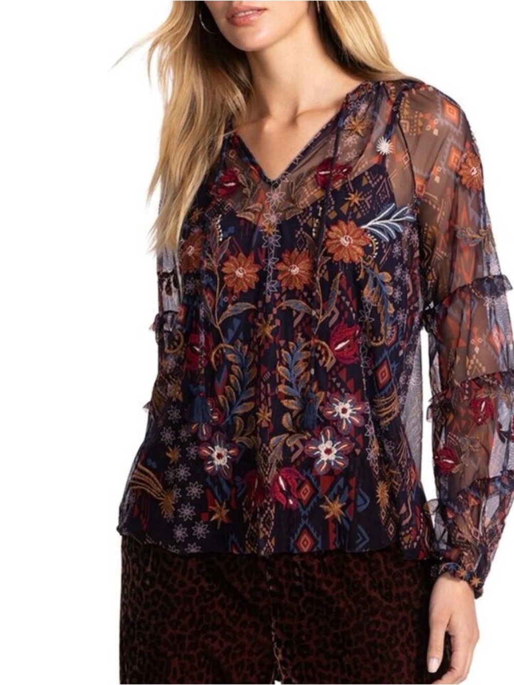 NWT Johnny Was Sapphire Mesh Blouse Monika Embroidered XL $275